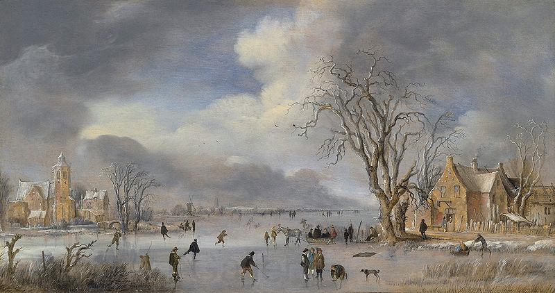 Aert van der Neer A winter landscape with skaters and kolf players on a frozen river Norge oil painting art